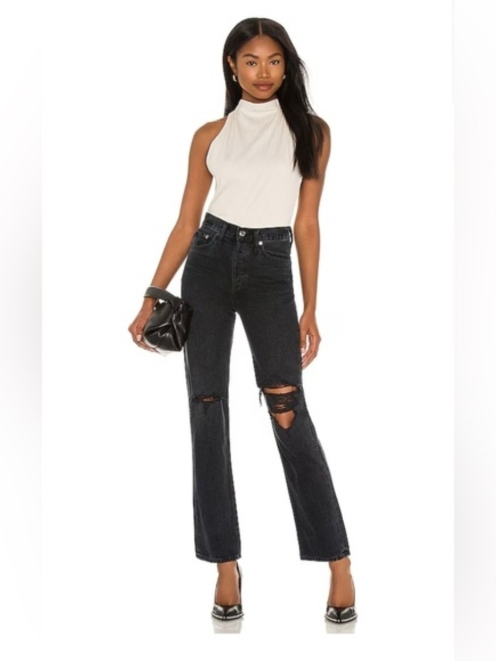 Agolde Lana Mid Rise Vintage Straight Jeans Black Distressed Button Fly Women 27